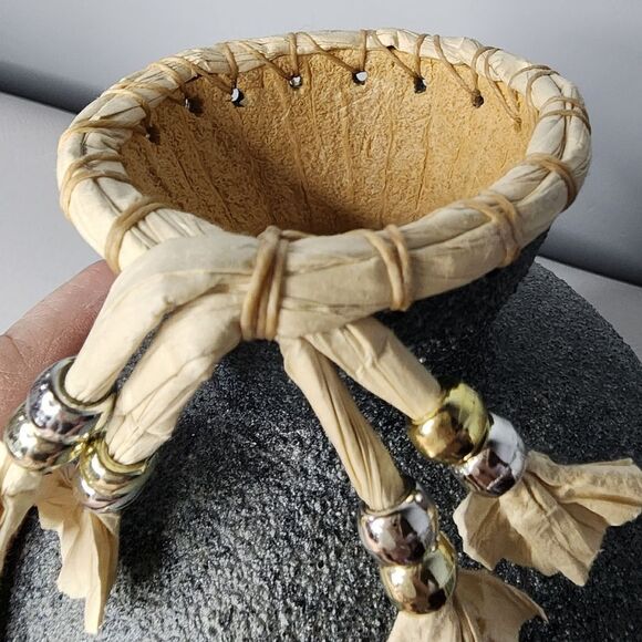 Handmade BOHO Carved Embellished Black Gourd Decorative Vase Tabletop Decor - Picture 3 of 5